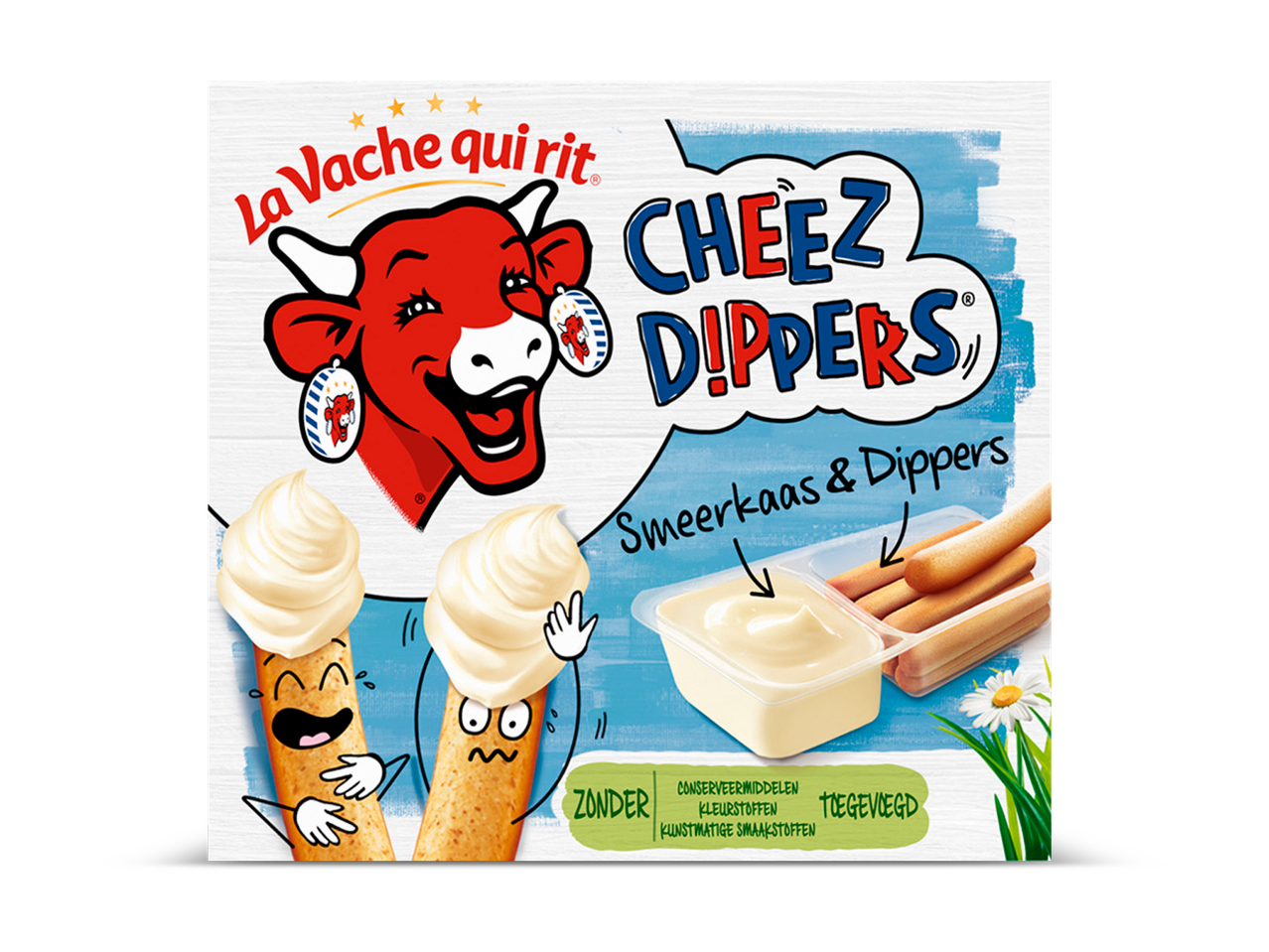Verpakking van smeerkaas en dippers met een lachende koe en twee vrolijke dippers, met de tekst 'Zonder conserveermiddelen, kleurstoffen, kunstmatige smaakstoffen toegevoegd'.