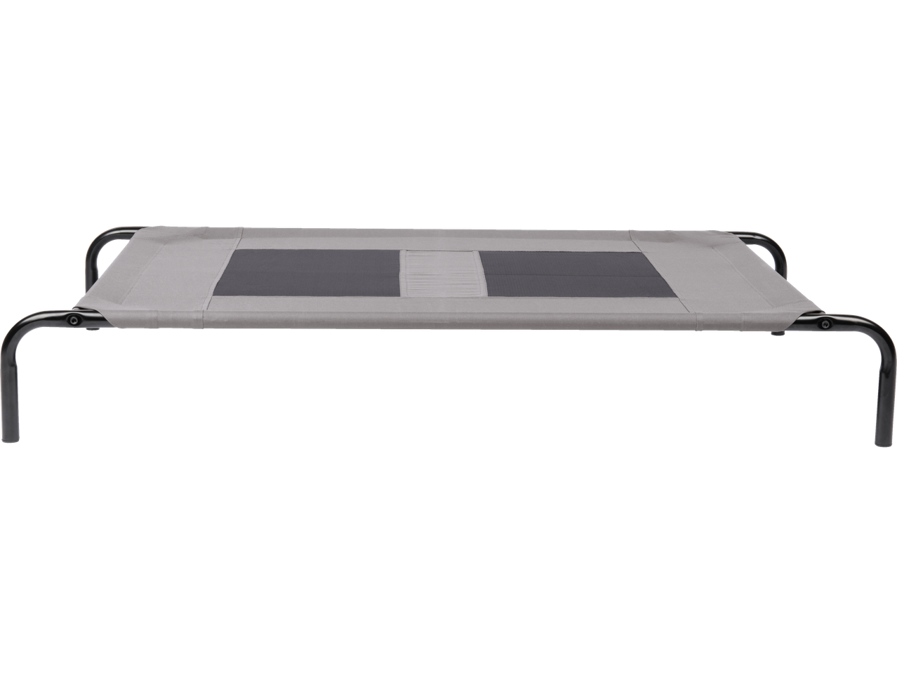 A gray elevated pet bed with a black metal frame.