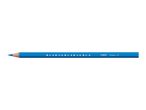 A blue colored pencil with a sharpened tip and small bird footprints printed along its side.