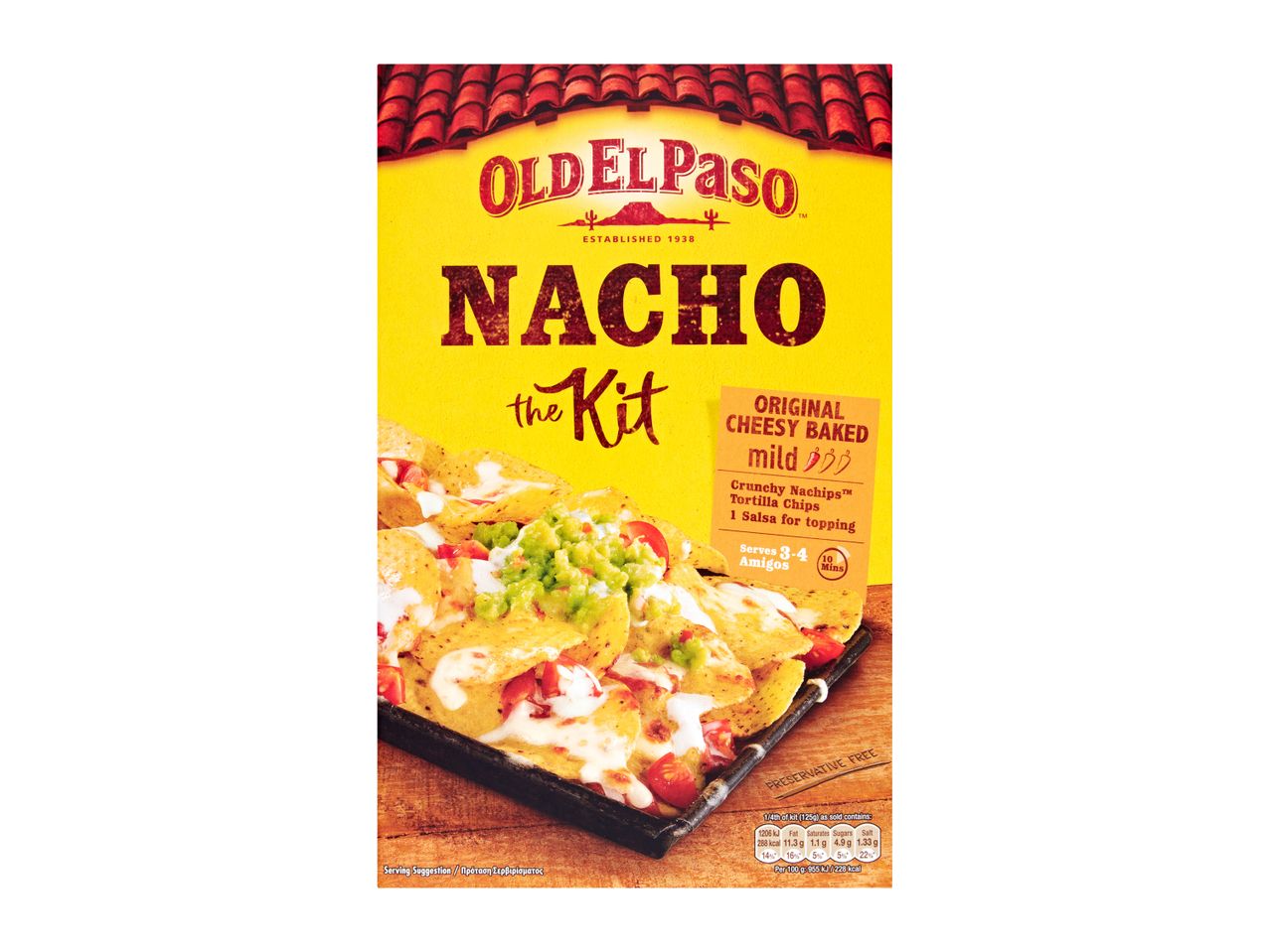 A nacho kit with original cheesy baked mild tortilla chips and salsa, serving 3-4.