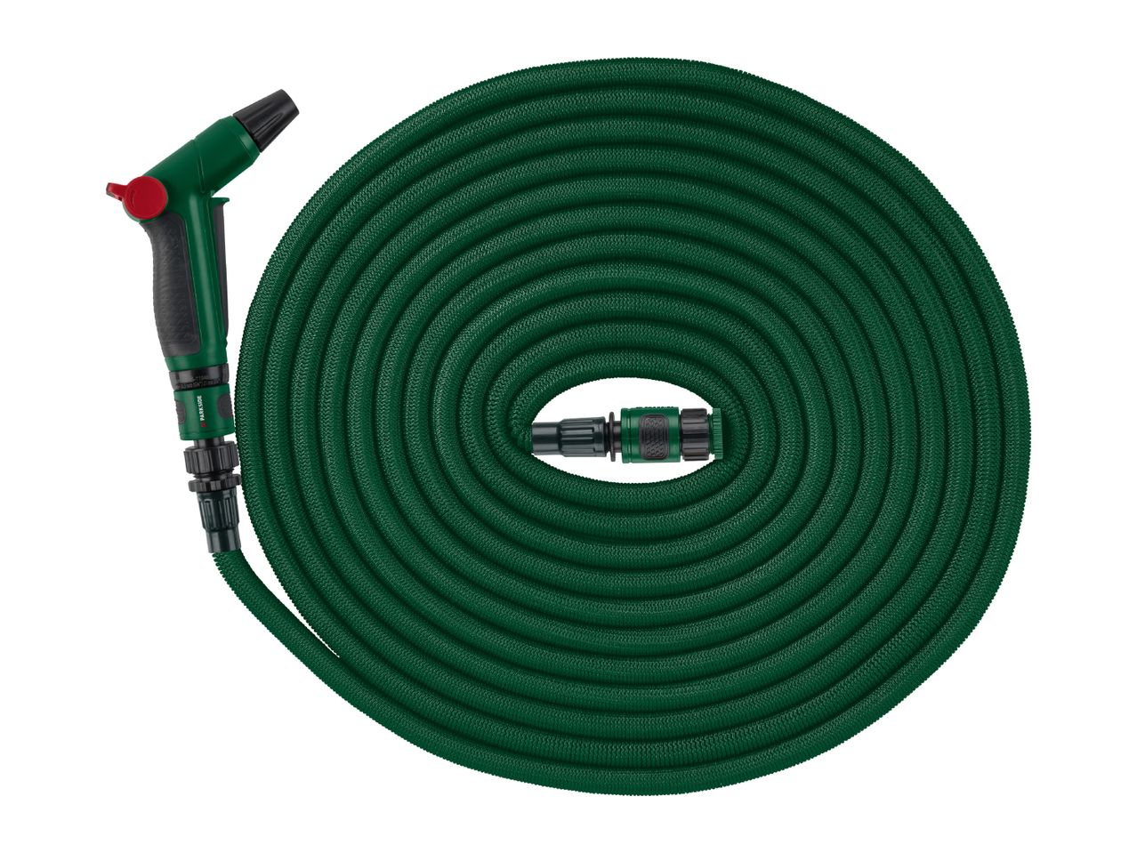 Green garden hose with a spray gun, coiled in a spiral shape