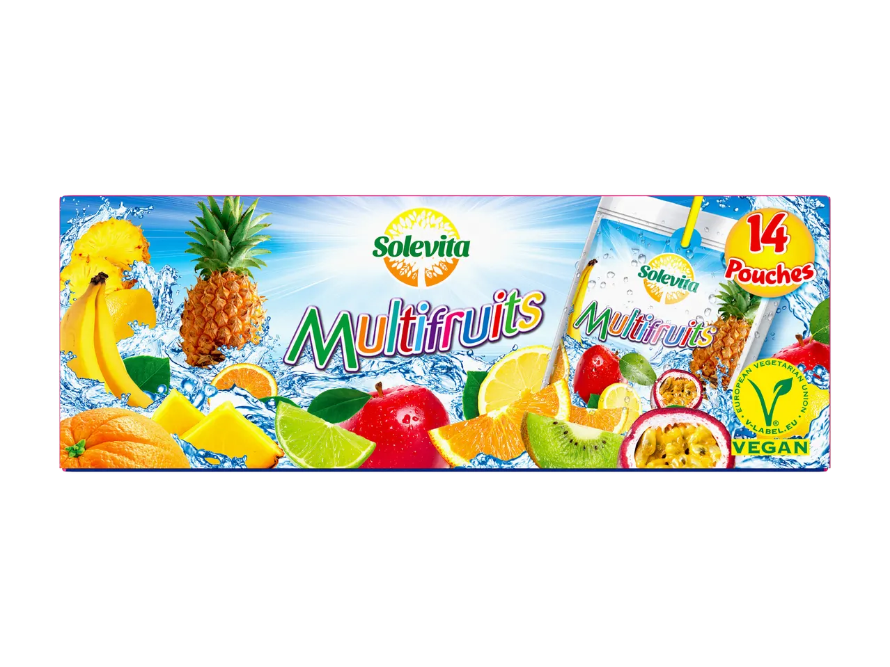 Confezione di bustine multifrutta con ananas, banane, arance, kiwi e frutto della passione.