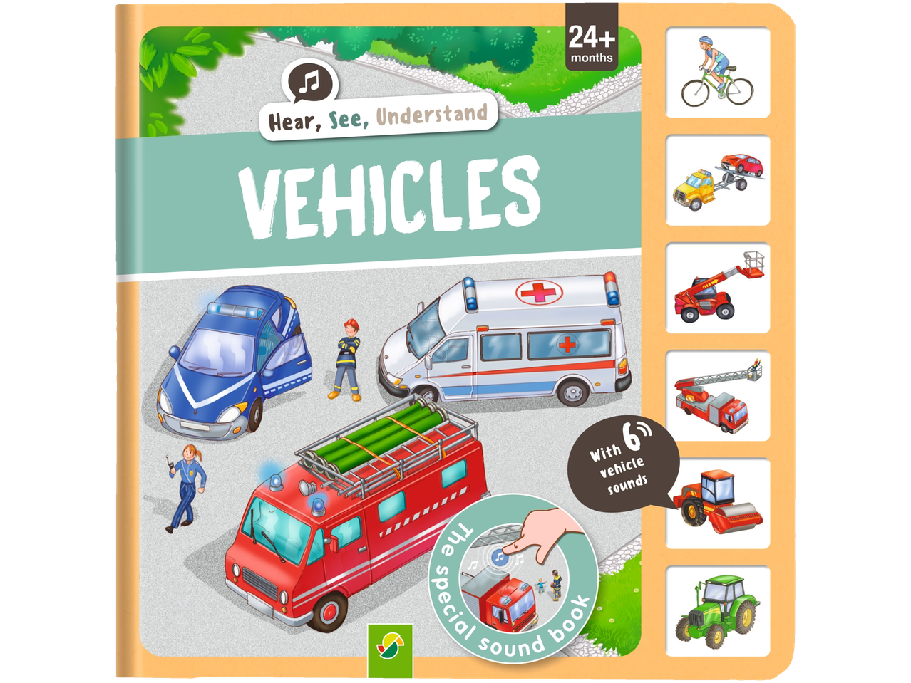 Sound book about vehicles: police car, ambulance, firetruck, and more.
