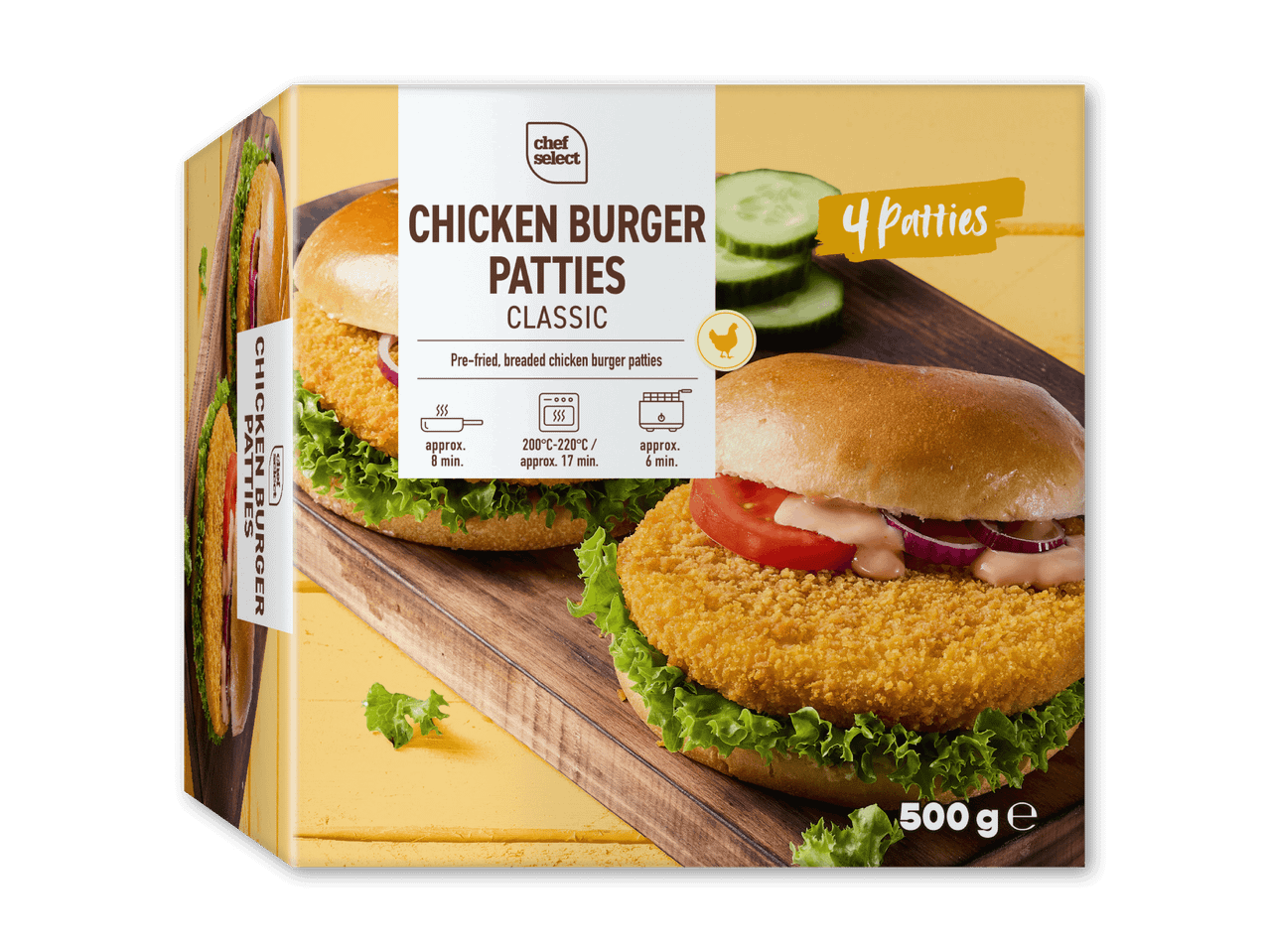 Pakke med 4 klassiske kyllingeburgerbøffer, 500g, med tilberedningsinstruktioner.