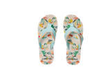 Badepantoletten CRIVIT com estampa floral tropical e tiras azuis.
