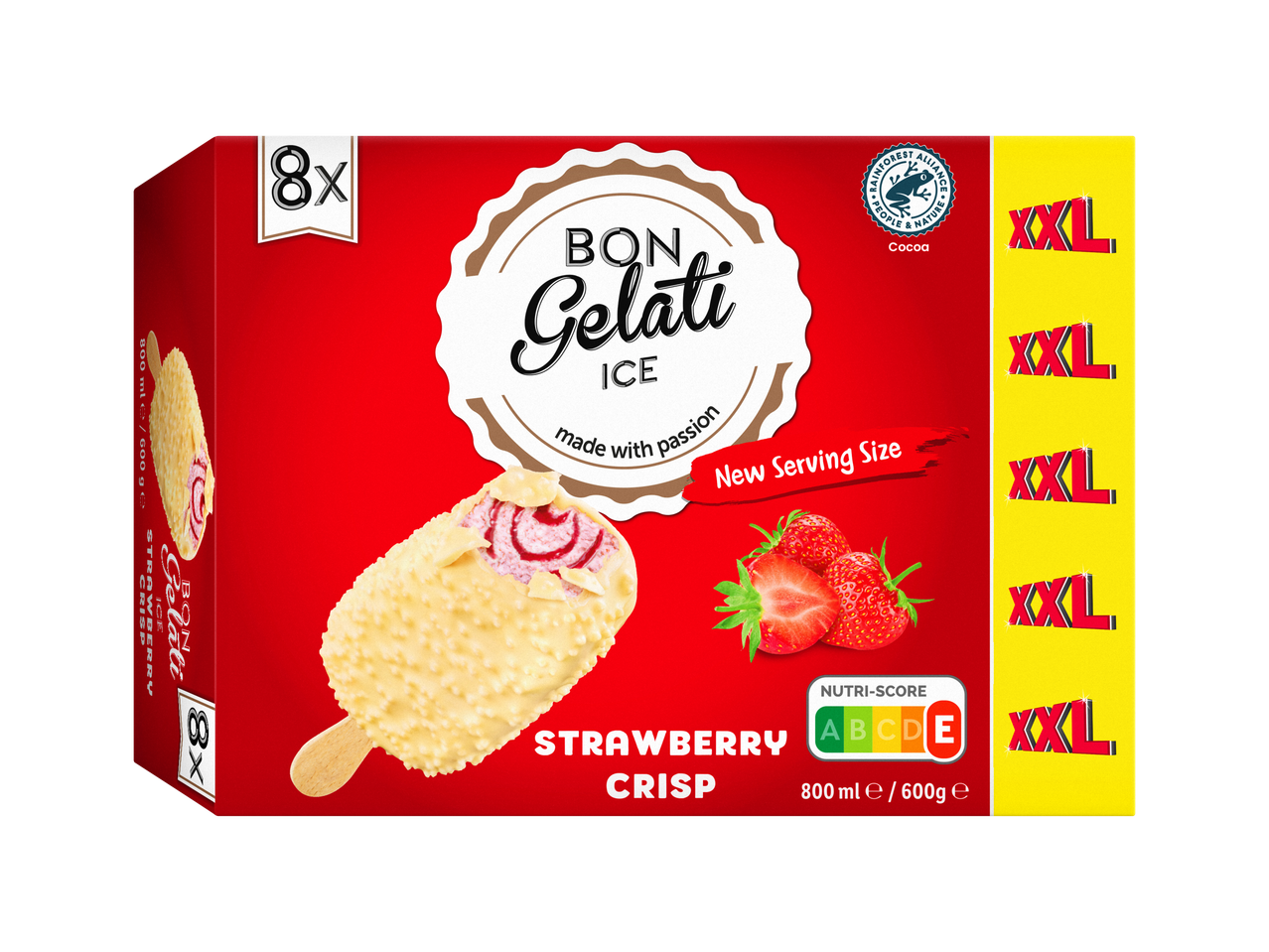 Caixa de gelados de morango com 8 unidades, Nutri-Score E e a etiqueta 'XXL'.