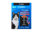 Coshida: natvoer voor katten in jus met rundvlees, kip, zalm, garnalen, lam en kalkoen.
