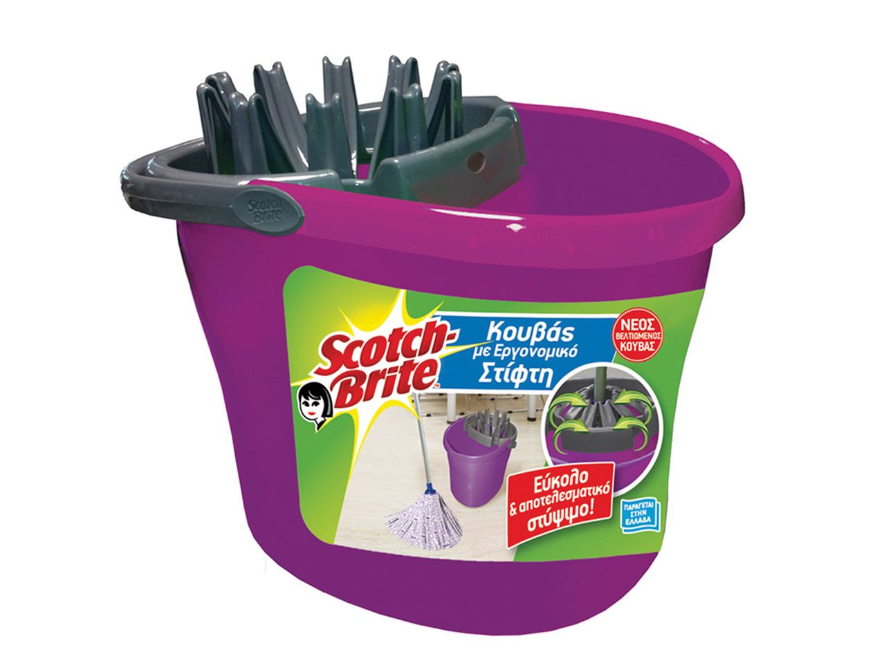 Μωβ κουβάς Scotch-Brite με εργονομικό στίφτη και σφουγγαρίστρα.