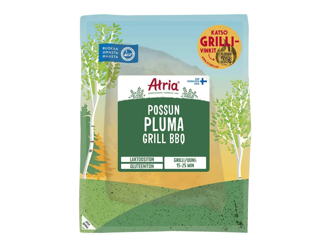 Pakkauksessa on possun pluma grillattavaksi, laktoositon ja gluteeniton, valmistusaika 15-25 min.
