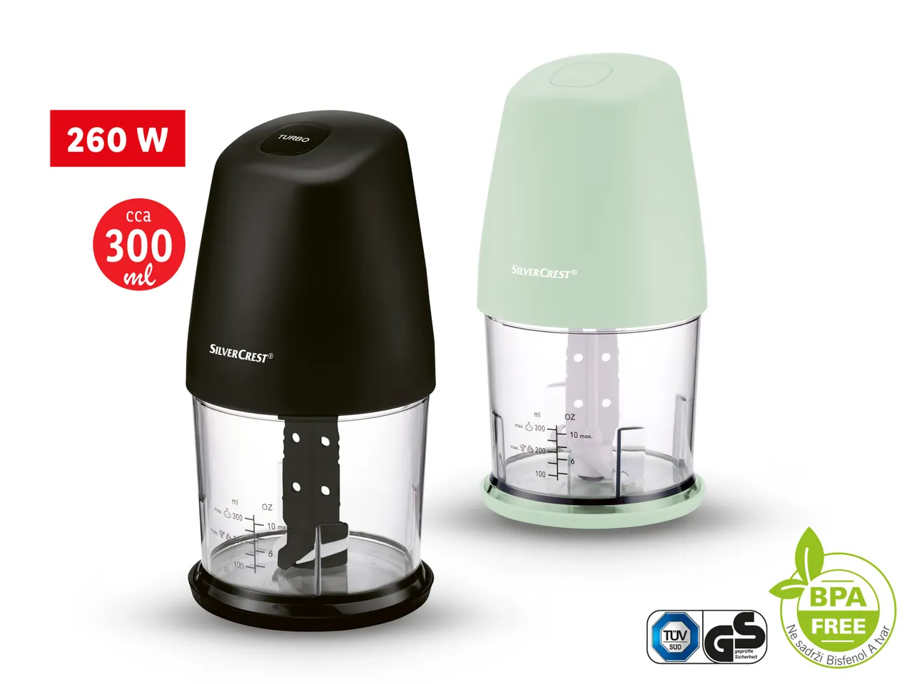 Dva mini sjeckalice SilverCrest, crna i svijetlozelena, snage 260 W, kapaciteta 300 ml.