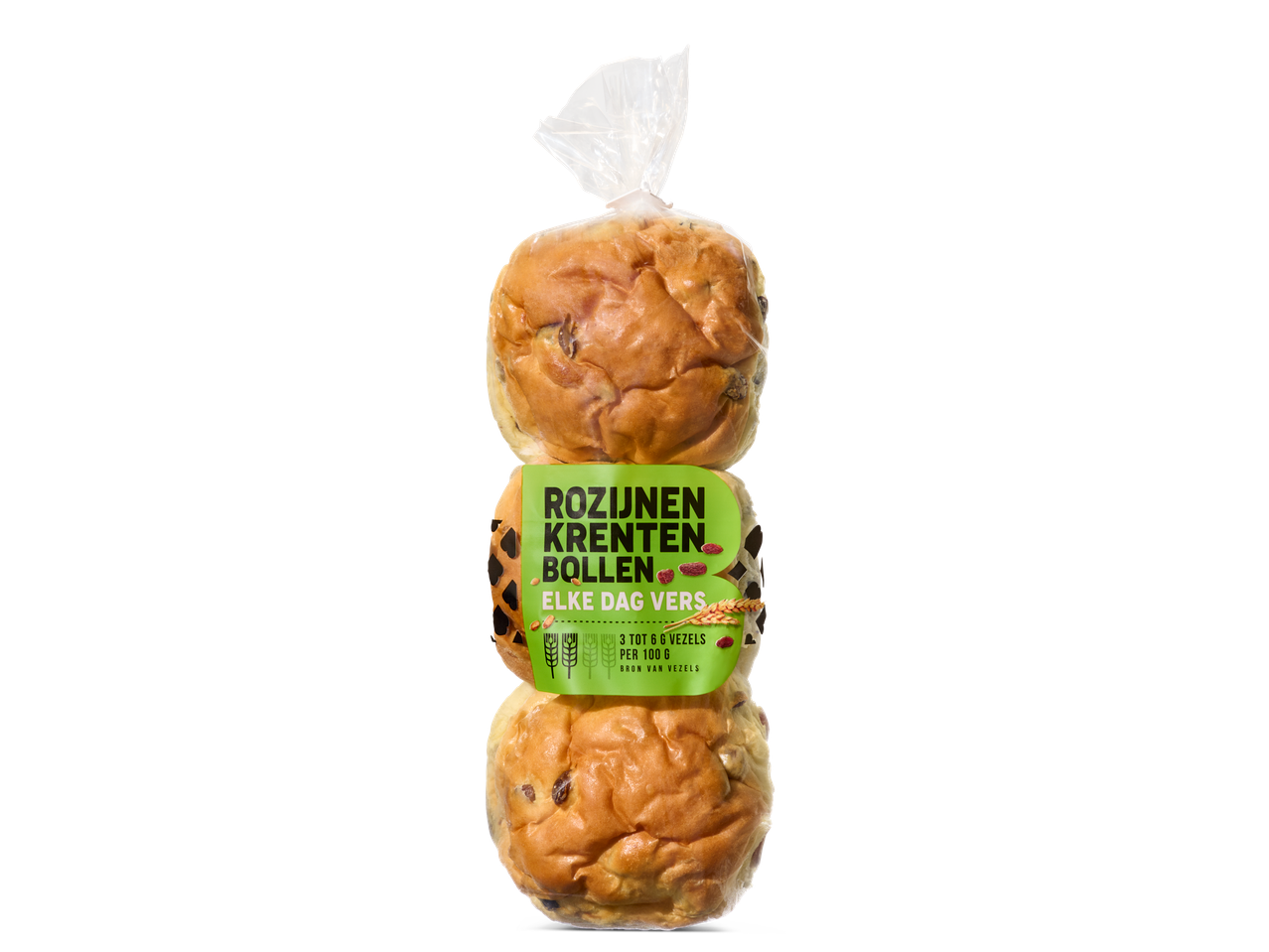 Drie rozijnen en krentenbollen in een plastic zak.