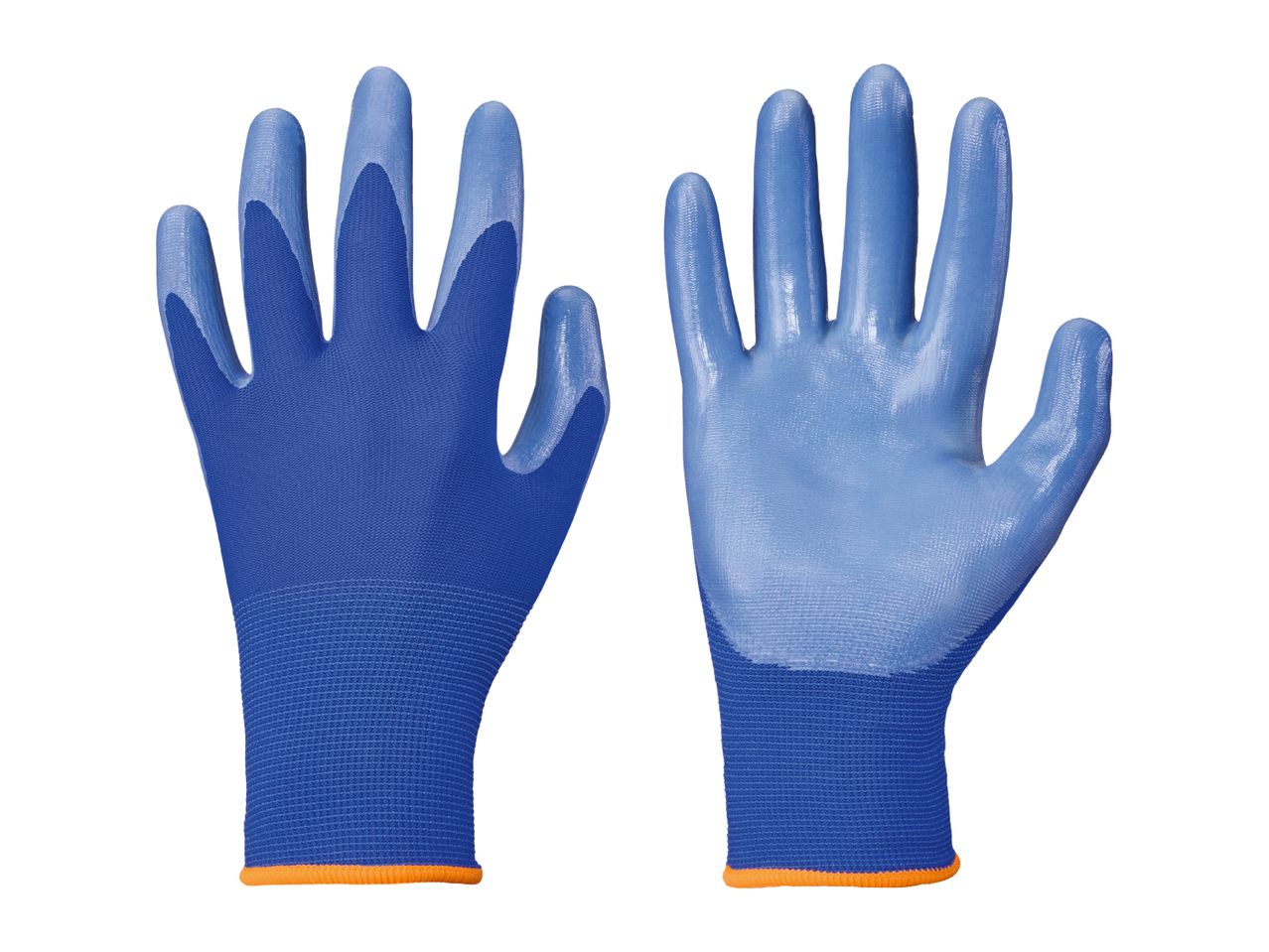 Pair of blue work gloves with orange cuffs, one showing the palm and the other the back.