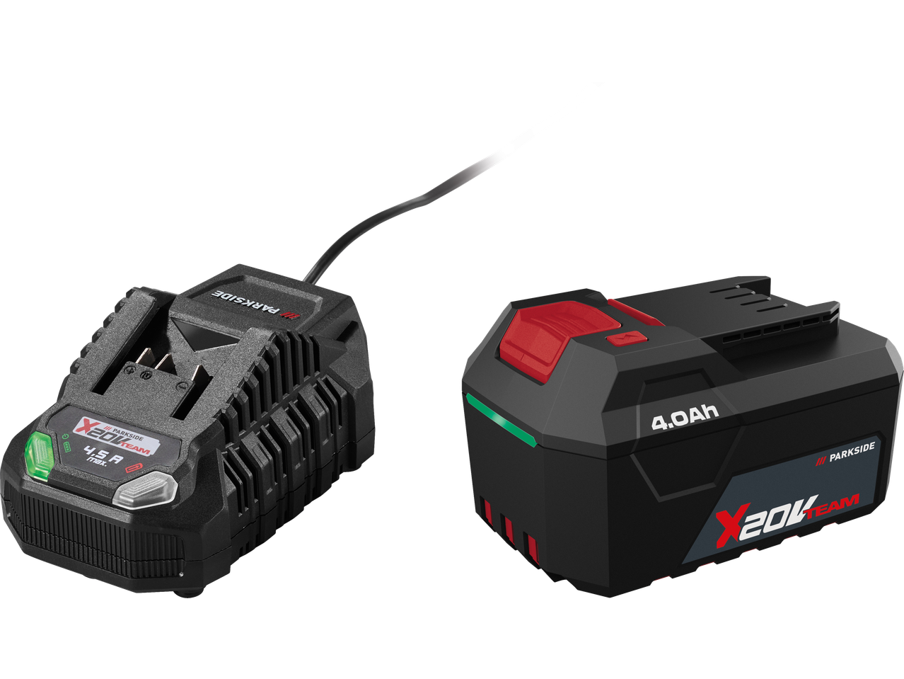 Parkside Performance 20V akumuliatorius ir įkroviklis su 4,5A maksimalia išvestimi.