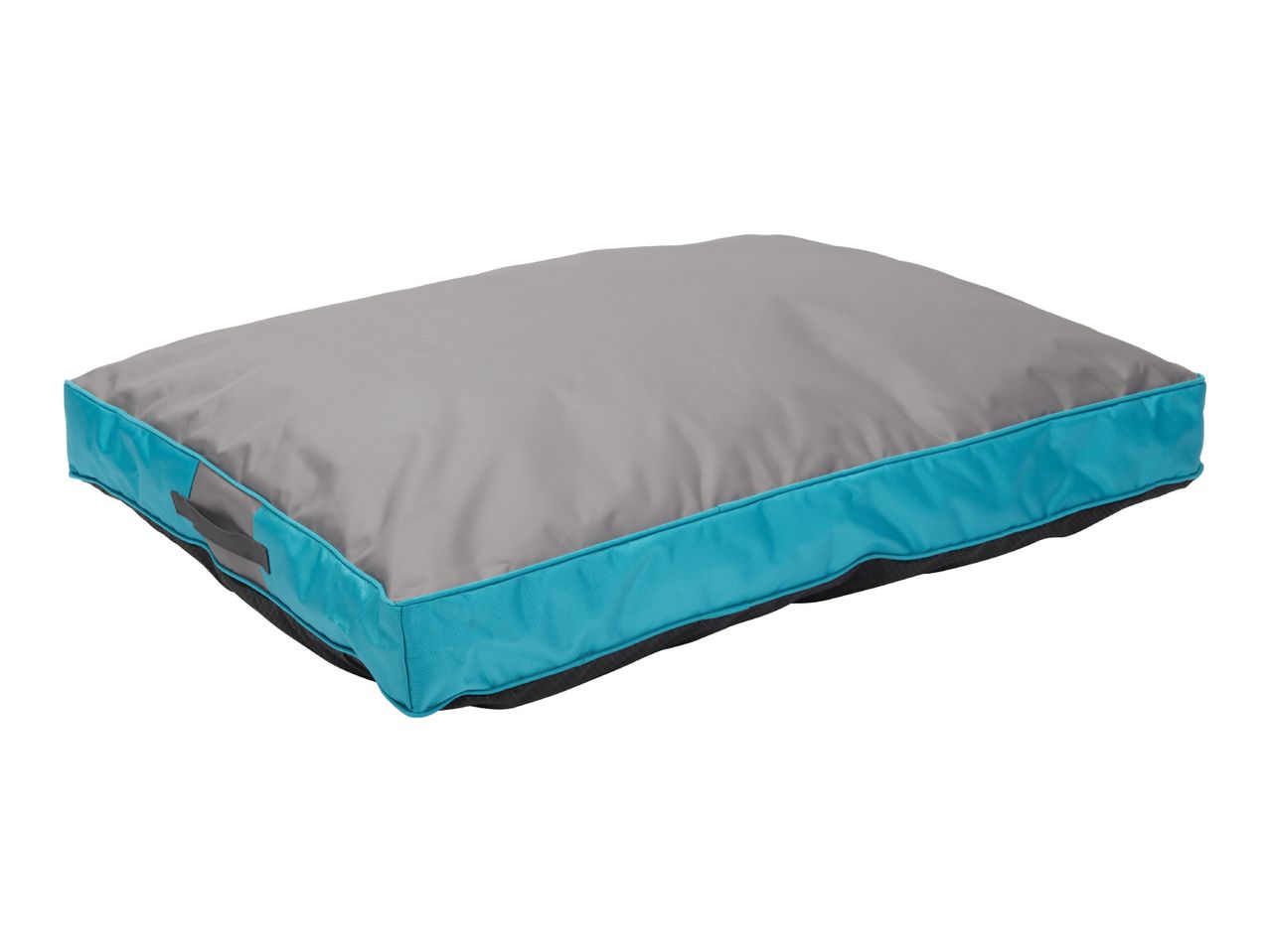 Grey and turquoise pet bed with a handle on one side.
