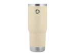 A cream-colored insulated tumbler with a silver rim and base, featuring a dark grey triangular logo.