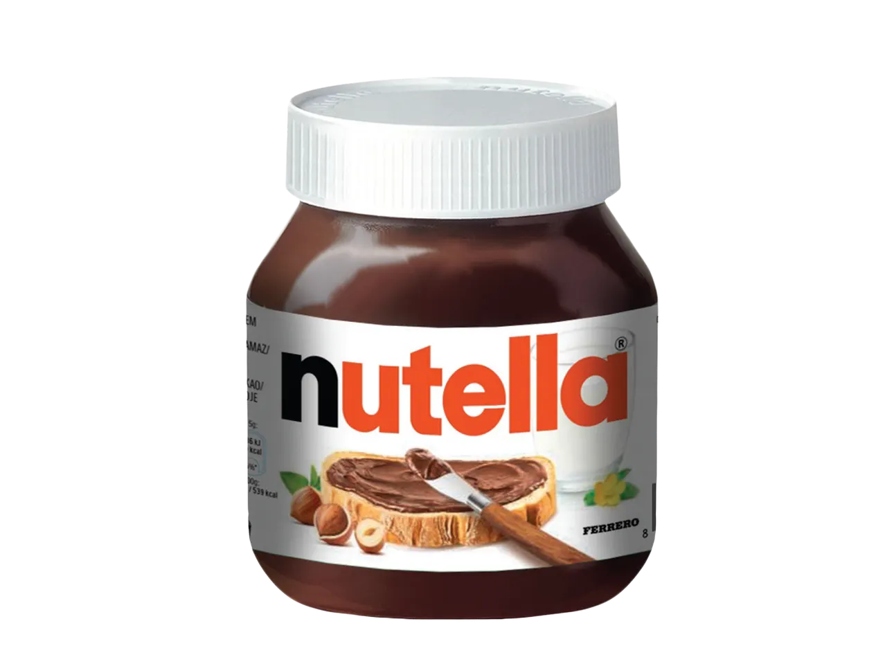 Tegla Nutelle sa namazom na tostu, lešnicima i čašom mleka.