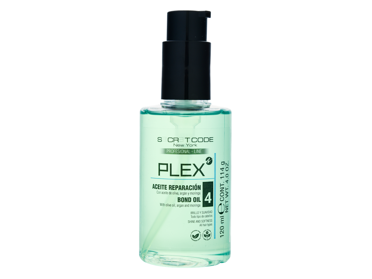 Plex Bond Oil 4, um óleo reparador capilar com azeite, argão e moringa para brilho e suavidade.