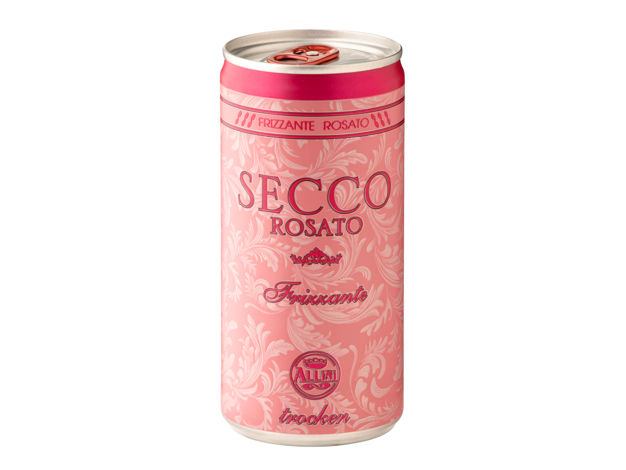 O cutie de băutură Allini Secco Rosato Italian, roz, cu model floral.