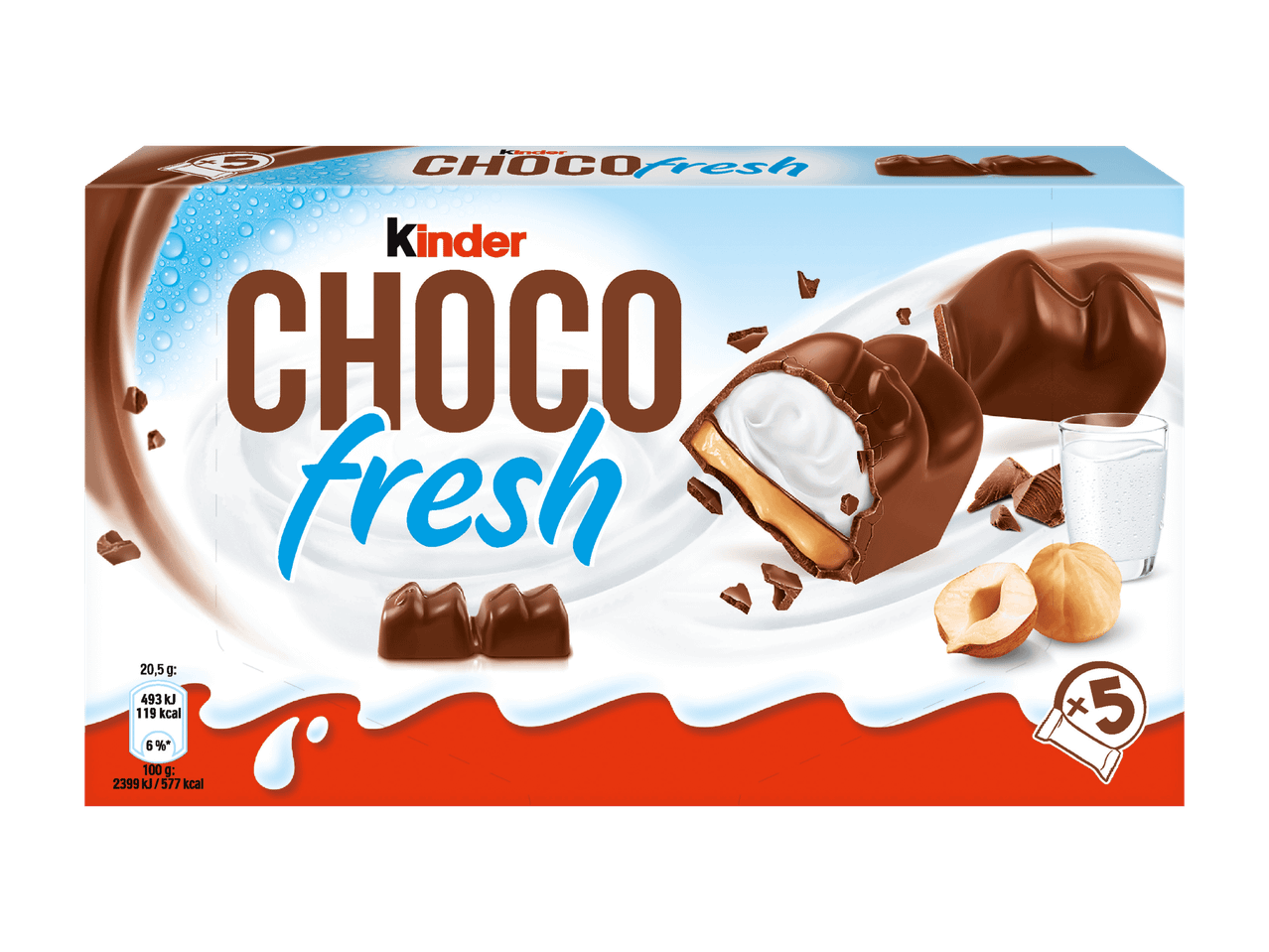 Kinder Choco Fresh Packung mit Schokoriegeln, Milch und Haselnüssen.