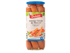 Salsichas Dulano tipo Bockwurst em frasco, fumadas de porco, com sugestão de apresentação.