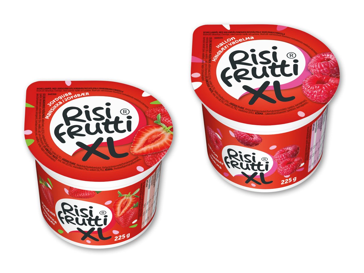 To Risi Frutti XL-kopper, en med jordbær og en med hindbær.