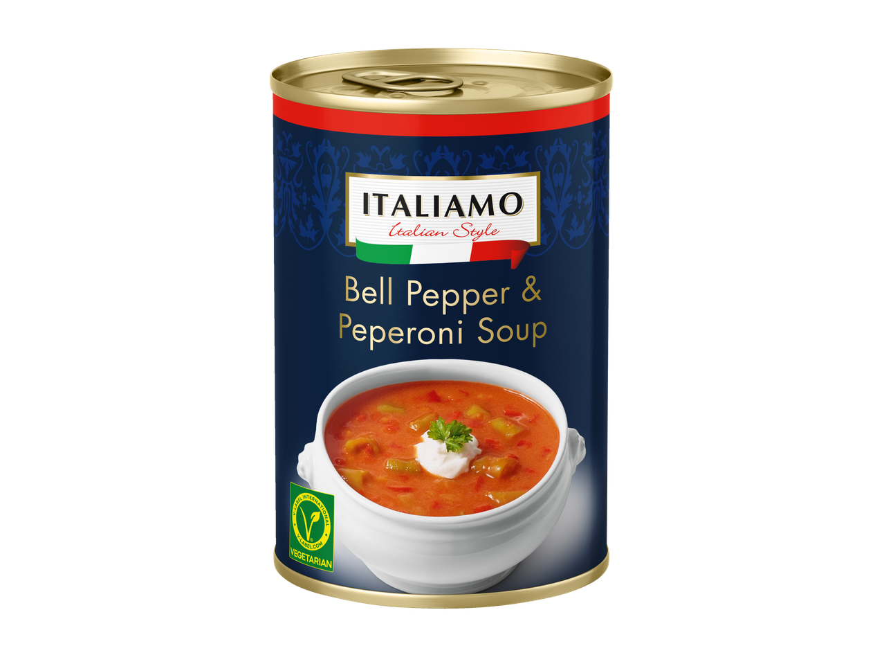 Кутия супа Italian с чушки и пеперони, вегетарианска, с купа супа.
