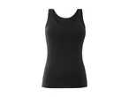 A black women's sleeveless top on a white background.