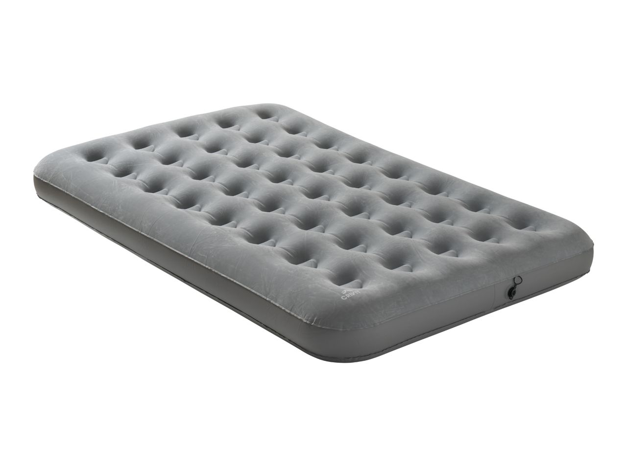 Grey inflatable air mattress with a textured surface and an air valve.