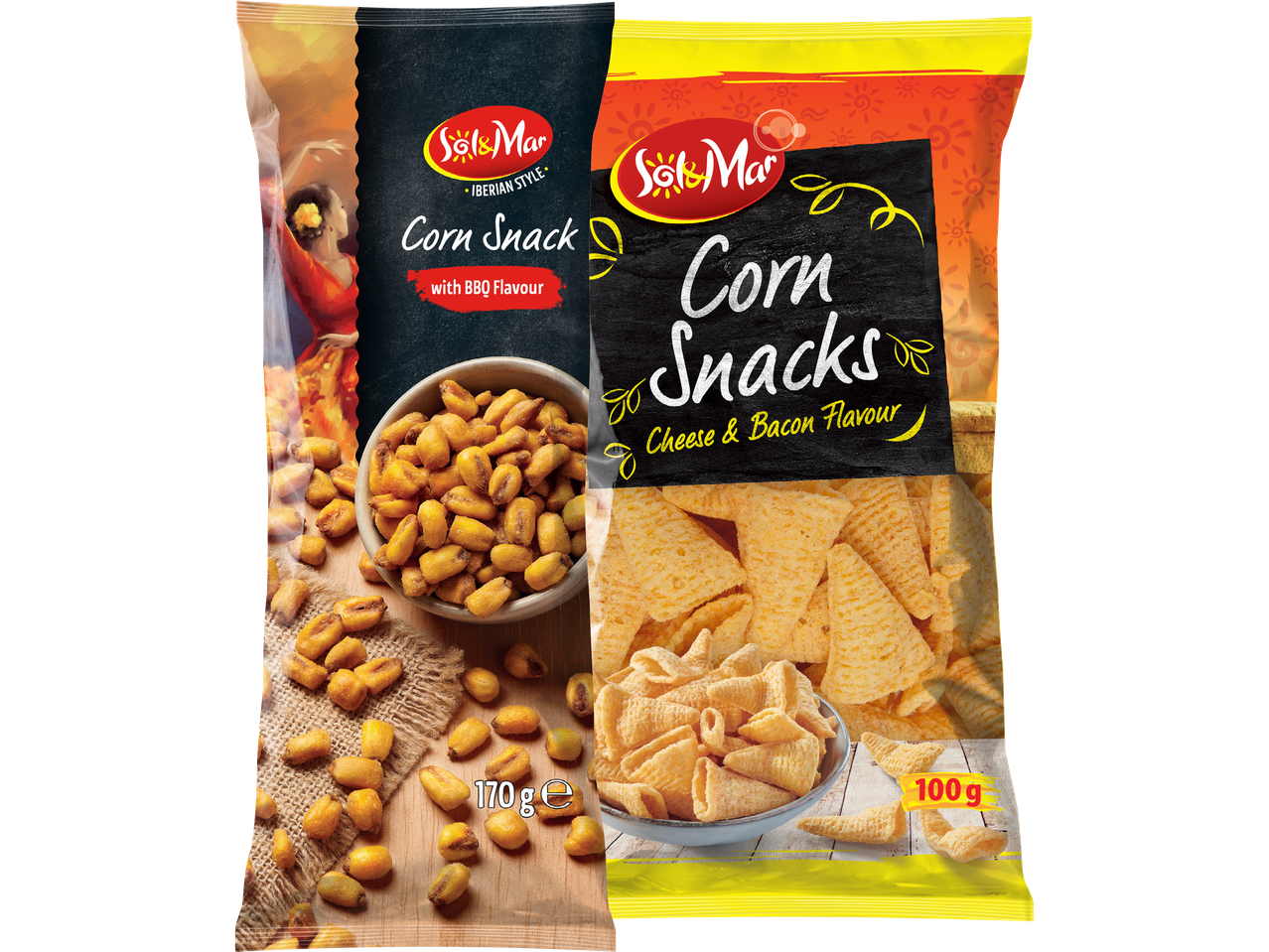 Två påsar majssnacks: en med BBQ-smak och en med ost- och baconsmak.