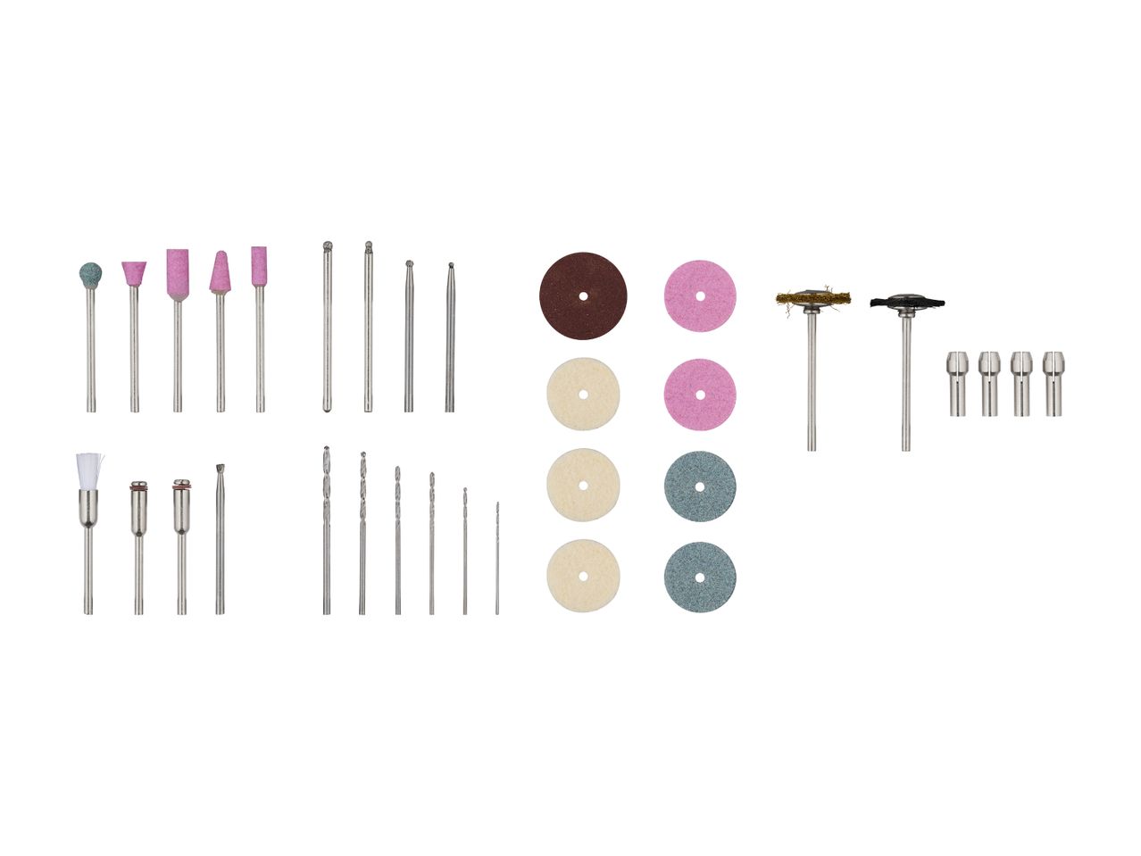 Assortment of rotary tool accessories including grinding stones, cutting discs, brushes, and drill bits.