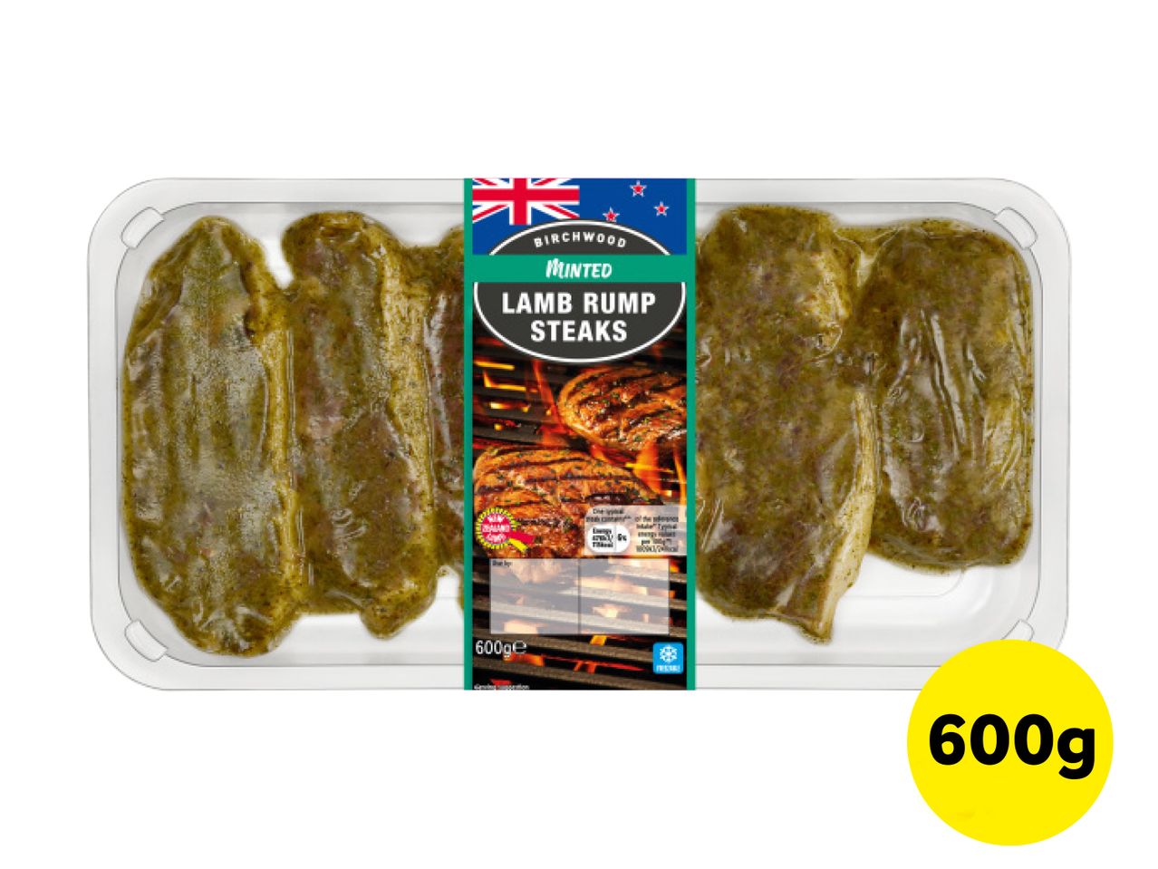 Birchwood Minted Lamb Rump Steaks in a clear plastic tray, 600g.