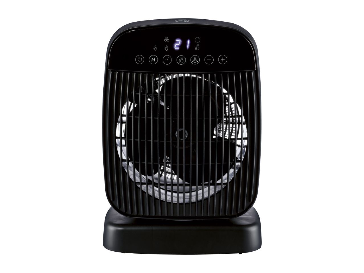 Black ceramic fan heater with digital display showing 21 degrees