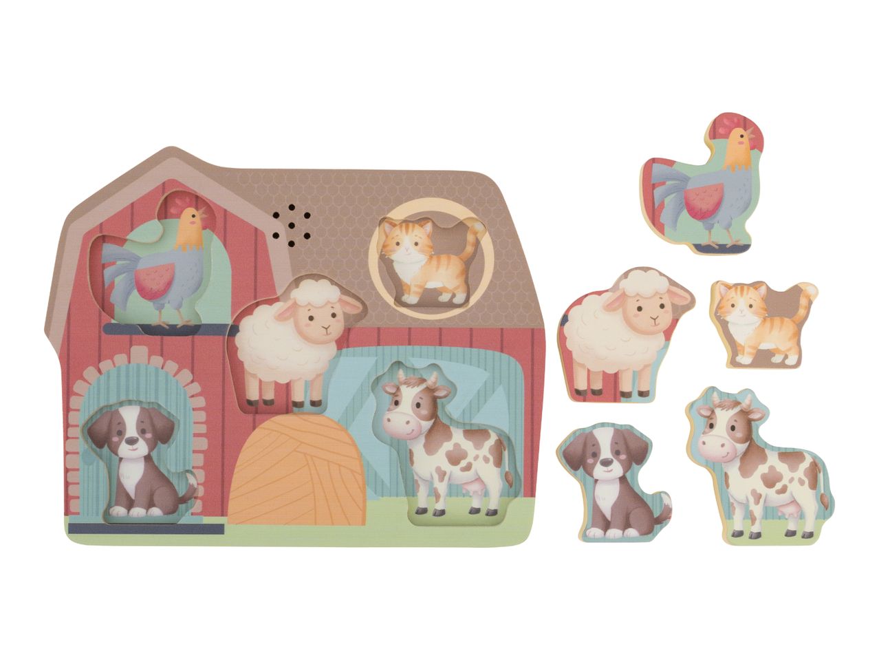 Wooden farm animal puzzle with a barn-shaped board and six animal pieces.
