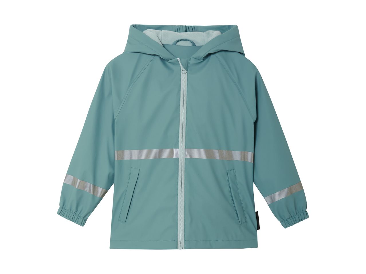 Teal rain jacket with reflective stripes