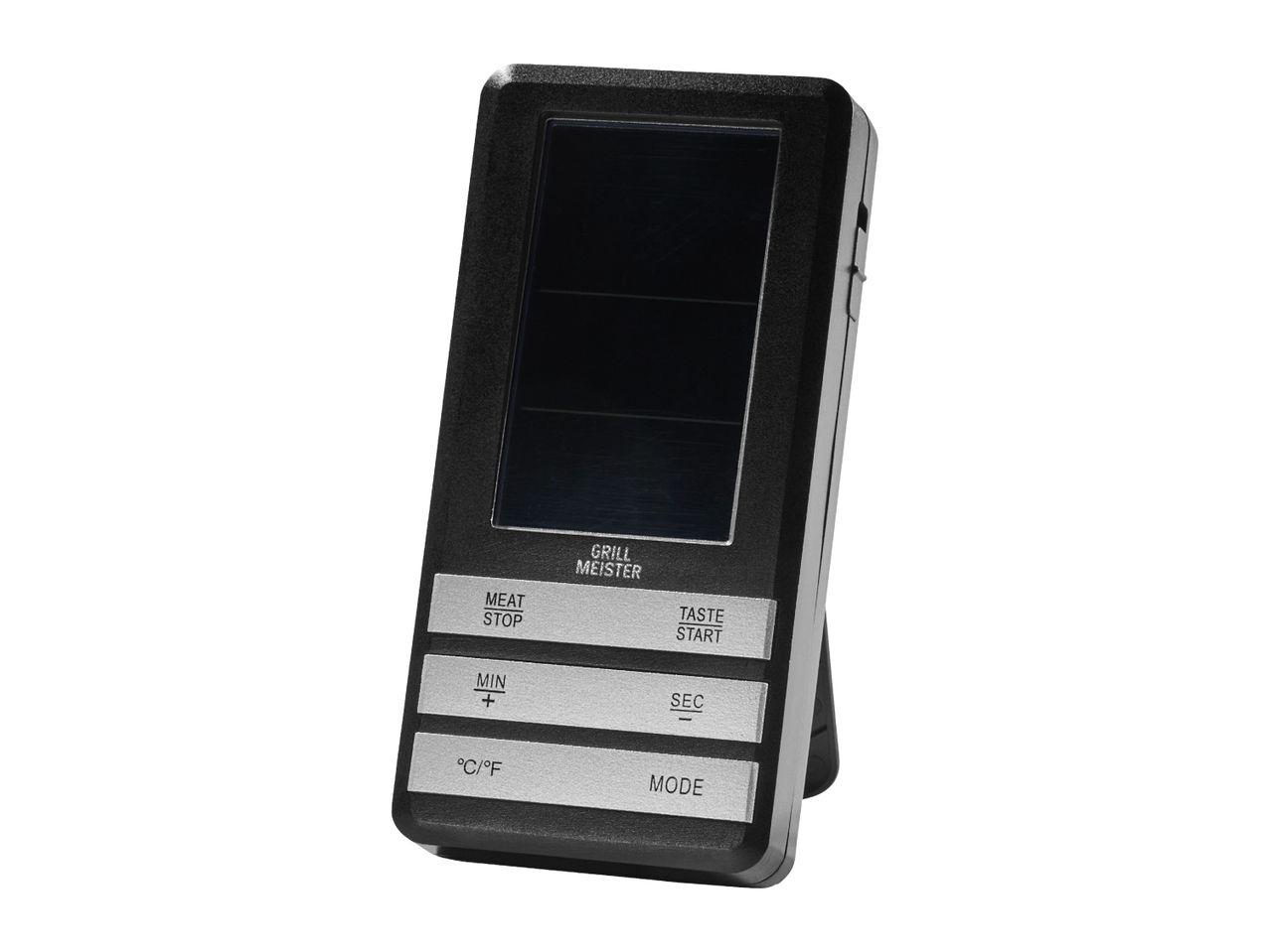 A black digital grill thermometer with a display and control buttons for meat, taste, time, and temperature.