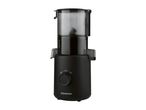 Black electric citrus juicer with a transparent top and a control knob