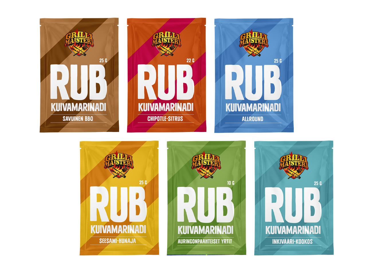 Kuusi eriväristä maustepussia, joissa lukee 'RUB KUIVAMARINADI' ja eri makuja.
