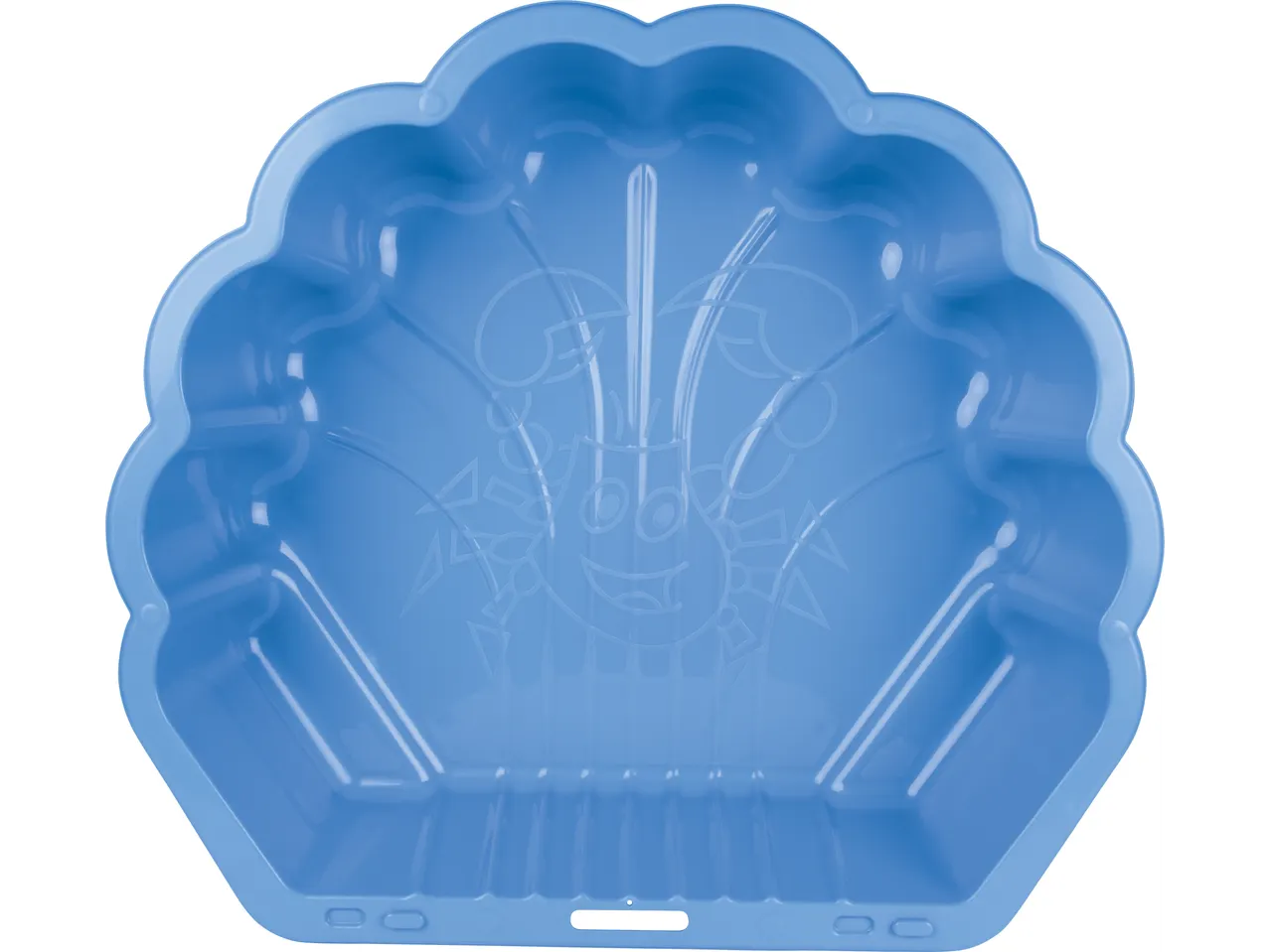 Blue shell-shaped sandpit with a sun and water design on the bottom.