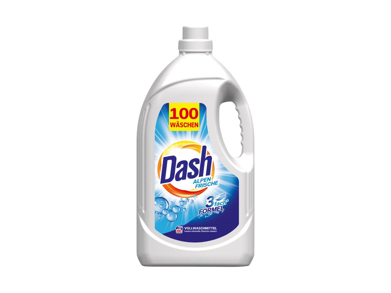 Une grande bouteille de lessive Dash Alpenfrische pour 100 lavages.