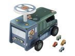 Wooden ride-on toy truck with a steering wheel and four small wooden cars.