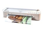 White laminator with integrated paper cutter, processing a photo of a woman.