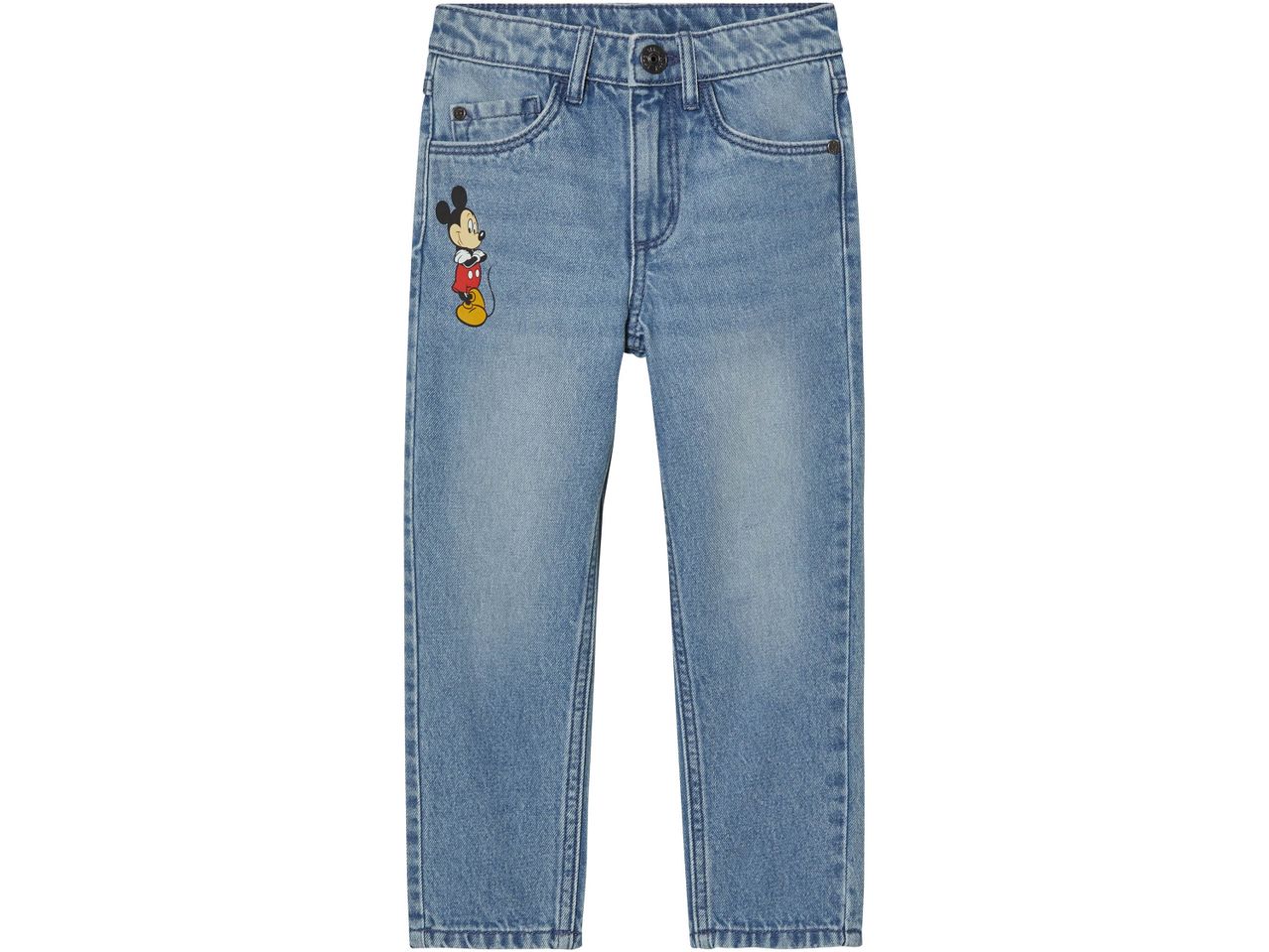 Blue denim jeans for kids with a Mickey Mouse graphic on the left leg.
