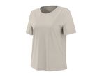 Plain light beige short-sleeved t-shirt with a round neck.