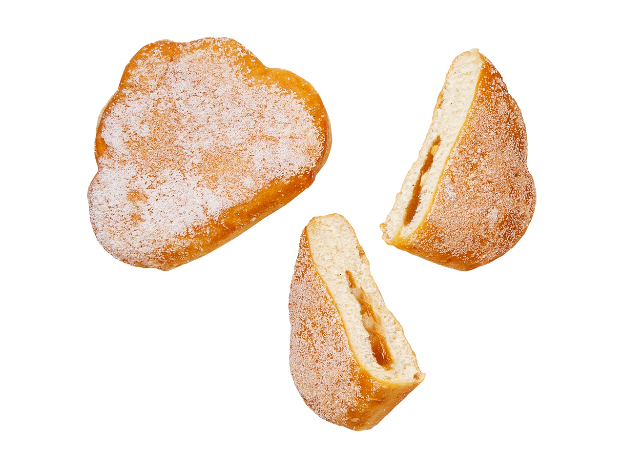 Sokeripäällysteisiä munkkeja, joista kaksi on leikattu puoliksi ja täytetty hillolla.