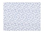White fabric with a repeating pattern of blue leaves and branches.