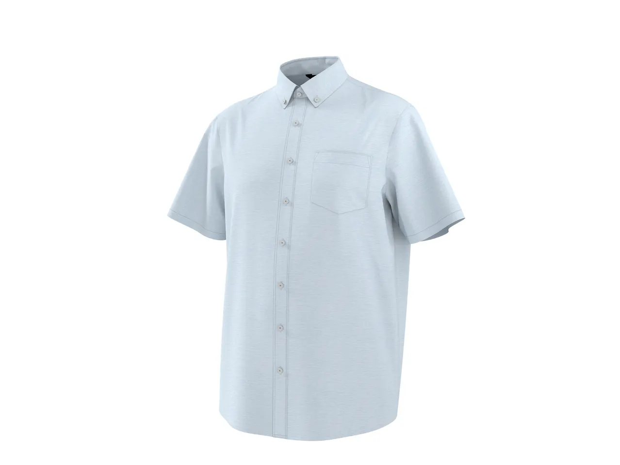 Light blue short-sleeved button-down shirt with a pocket on a white background