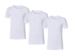 Tre hvide, kortærmede T-shirts med rund hals.