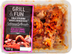 550g grillimiseks valmis marineeritud kana tükke Grill & Fun brändilt.