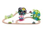 A Halloween-themed wooden train set with a haunted house, Ferris wheel, carousel, and cars.