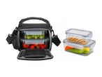 Black lunch bag with two food containers filled with fruit, and two separate containers with snacks and vegetables.